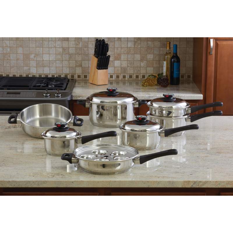 Maxam Waterless Cookware Set, Durable Stainless Steel Construction with  Heat and Cold Resistant Handles, 17-Pieces