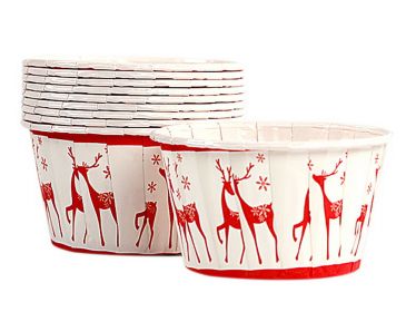 50 Cute Creative Durable Cake Baking Disposable Cups, White Bottom And Red Deers